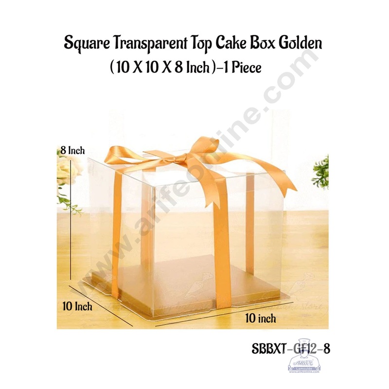 CAKE DECOR 1 Piece Transparent Lid  Square Cake Box With Golden Base  | Gift Box | Hamper Box | Pinata Box - (10 X 10 X 8 Inch)
