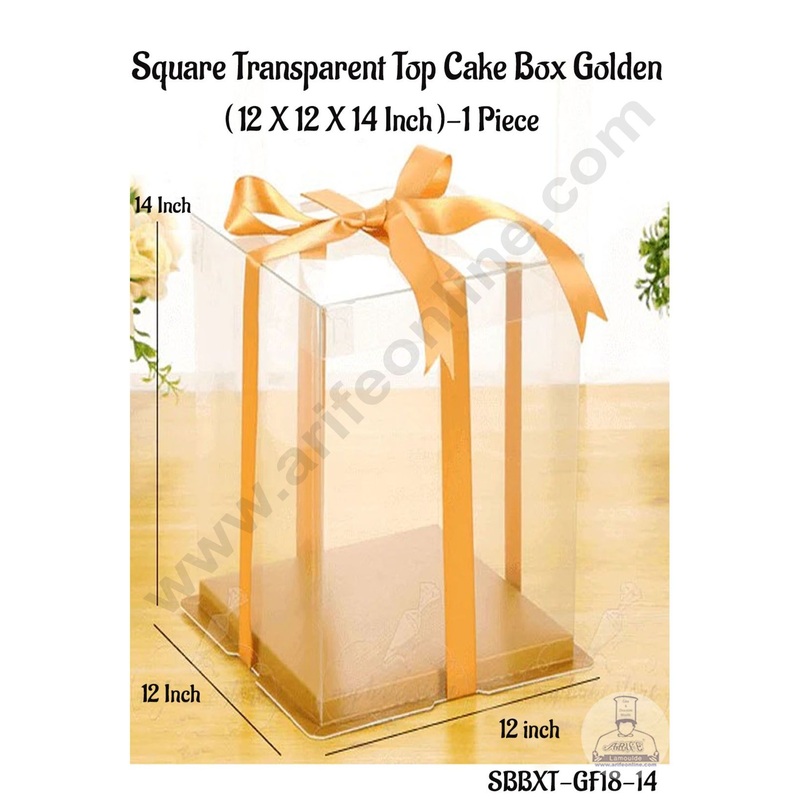 CAKE DECOR 1 Piece Transparent Lid  Square Cake Box With Golden Base  | Gift Box | Hamper Box | Pinata Box - (12 X 12 X 14 Inch)