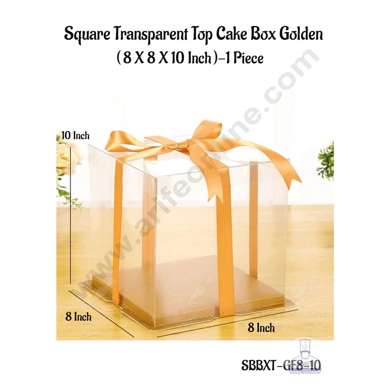 CAKE DECOR 1 Piece Transparent Lid  Square Cake Box With Golden Base  | Gift Box | Hamper Box | Pinata Box - (8 X 8 X10 Inch)