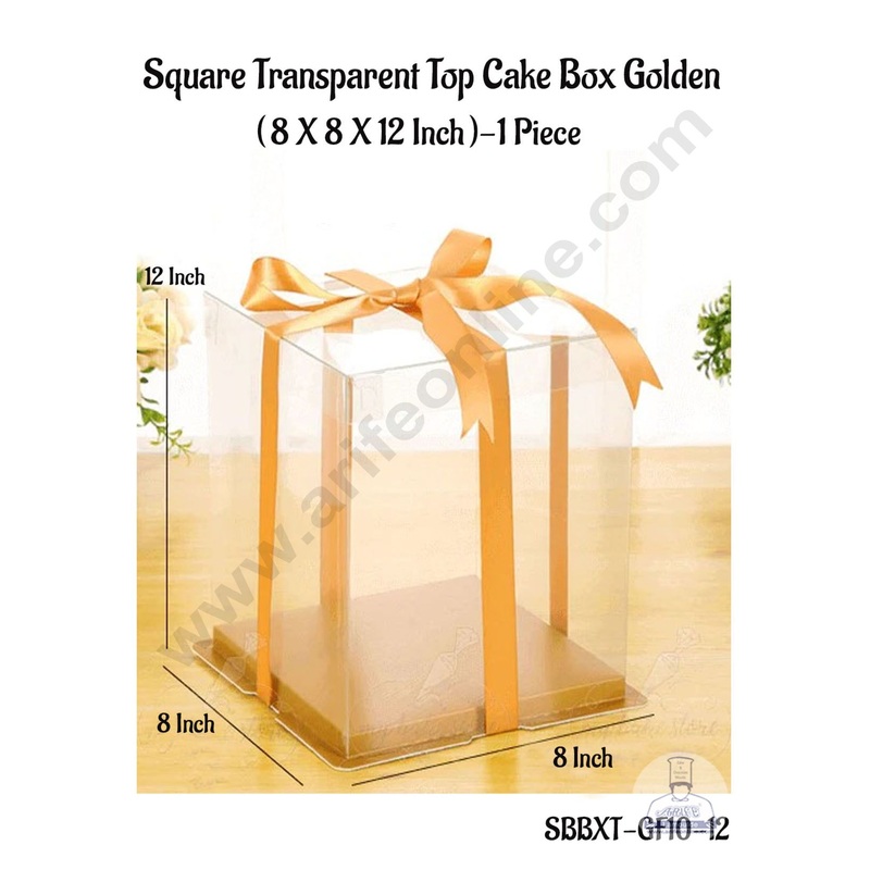 CAKE DECOR 1 Piece Transparent Lid  Square Cake Box With Golden Base  | Gift Box | Hamper Box | Pinata Box - (8 X 8 X12 Inch)