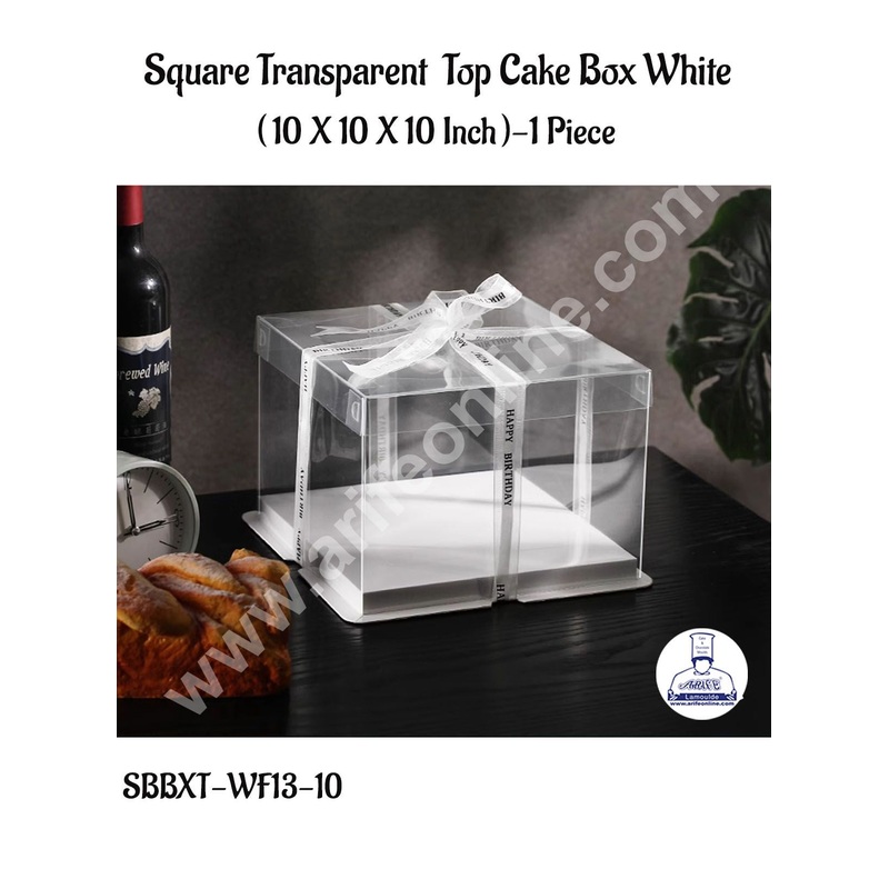 CAKE DECOR 1 Piece Transparent Lid  Square Cake Box With White Base  | Gift Box | Hamper Box | Pinata Box - (10 X 10 X 10 Inch)