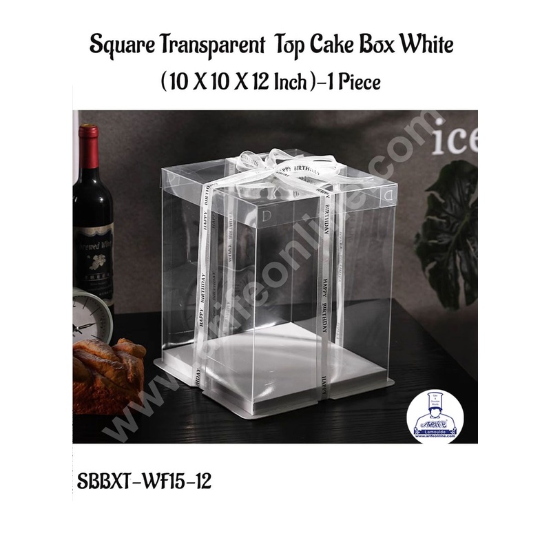 CAKE DECOR 1 Piece Transparent Lid  Square Cake Box With White Base  | Gift Box | Hamper Box | Pinata Box - (10 X 10 X 12 Inch)