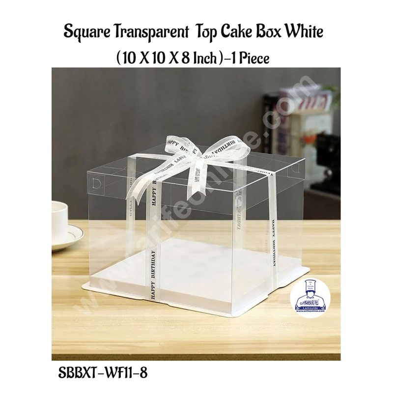 CAKE DECOR 1 Piece Transparent Lid  Square Cake Box With White Base  | Gift Box | Hamper Box | Pinata Box - (10 X 10 X 8 Inch)