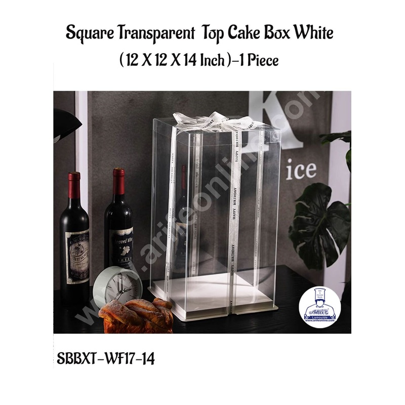 CAKE DECOR 1 Piece Transparent Lid  Square Cake Box With White Base  | Gift Box | Hamper Box | Pinata Box - (12 X 12 X 14 Inch)