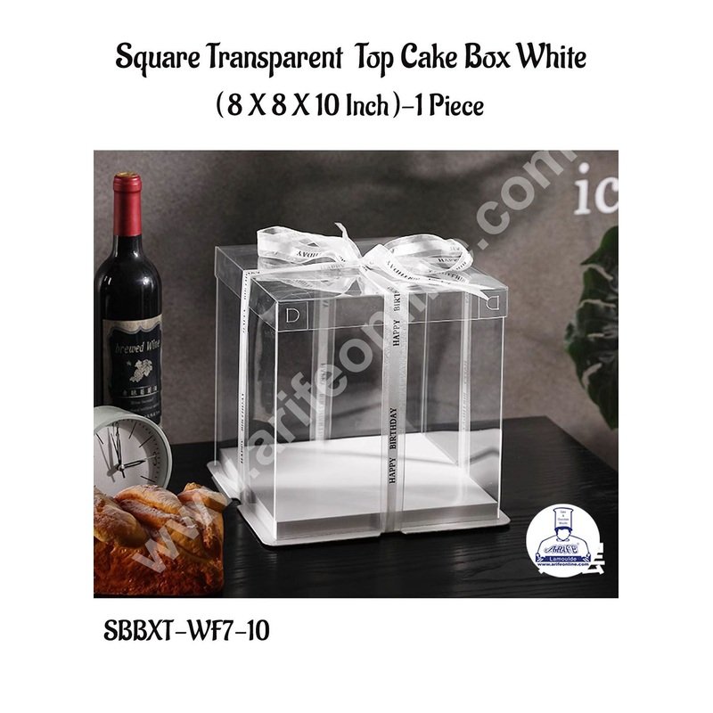 CAKE DECOR 1 Piece Transparent Lid  Square Cake Box With White Base  | Gift Box | Hamper Box | Pinata Box - (8 X 8 X 10 Inch)