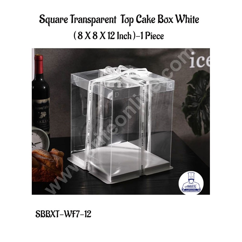 CAKE DECOR 1 Piece Transparent Lid  Square Cake Box With White Base  | Gift Box | Hamper Box | Pinata Box - (8 X 8 X 12 Inch)