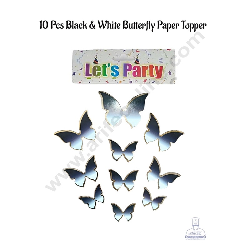 CAKE DECOR 10 pcs Let's Party Black & White Butterfly Paper Topper For Cake And Cupcake