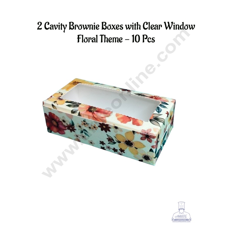 CAKE DECOR 2 Cavity Brownie Boxes with Clear Window Floral Theme | Brownie Carriers - 10 Pcs Pack