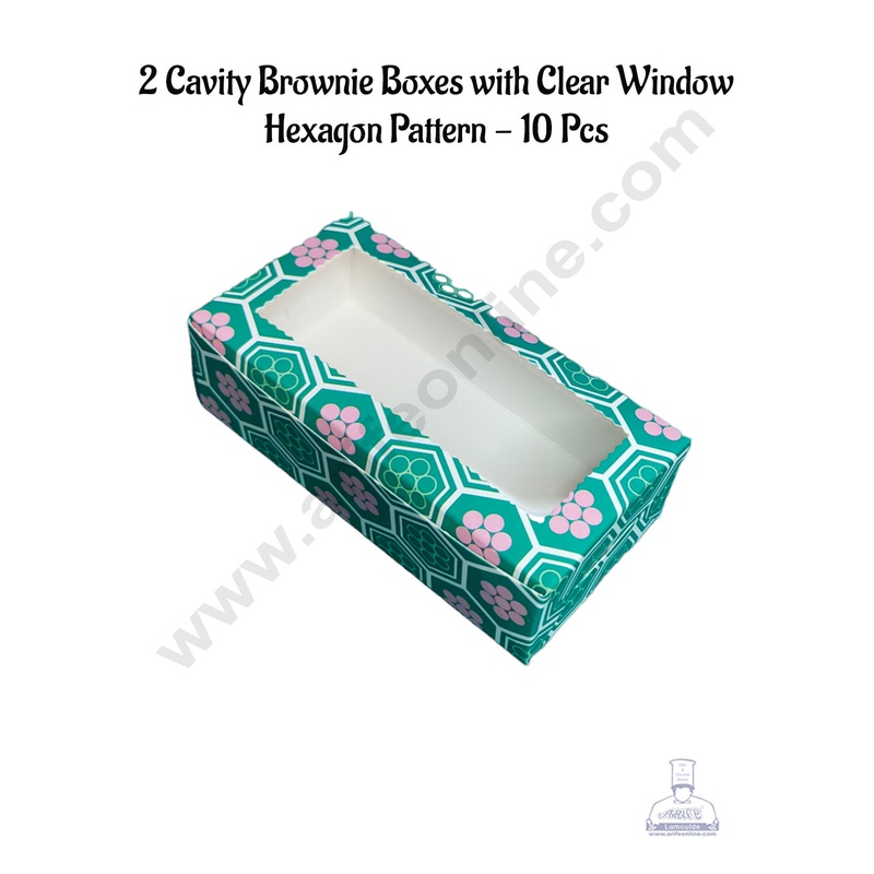 CAKE DECOR 2 Cavity Brownie Boxes with Clear Window Hexagon Pattern | Brownie Carriers - 10 Pcs Pack