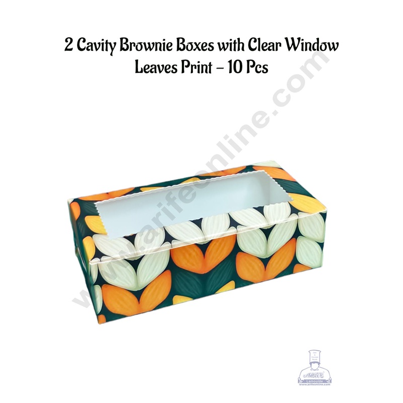 CAKE DECOR 2 Cavity Brownie Boxes with Clear Window Leaves Print | Brownie Carriers - 10 Pcs Pack