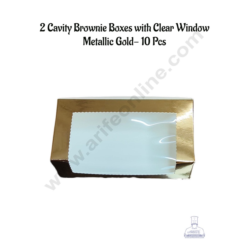 CAKE DECOR 2 Cavity Brownie Boxes with Clear Window Metallic Gold | Brownie Carriers - 10 Pcs Pack