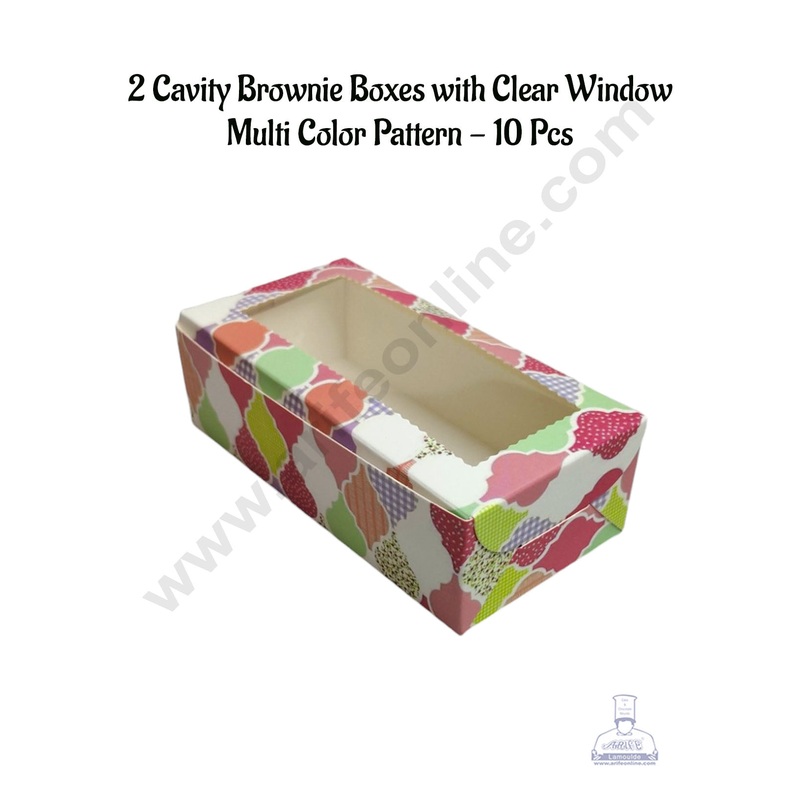 CAKE DECOR 2 Cavity Brownie Boxes with Clear Window Multi Color Pattern | Brownie Carriers - 10 Pcs Pack