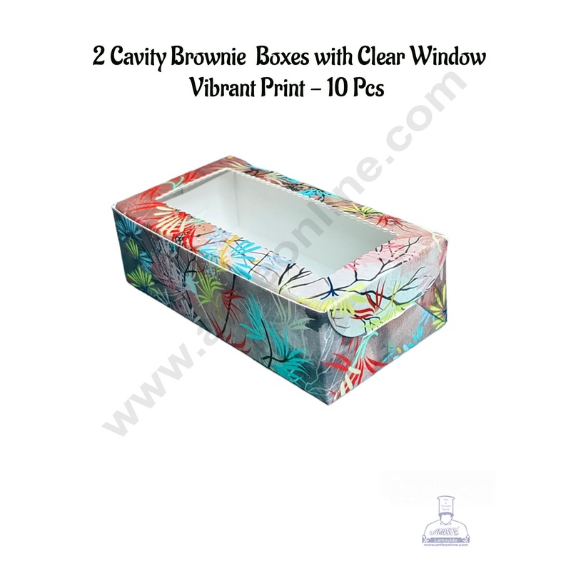 CAKE DECOR 2 Cavity Brownie Boxes with Clear Window Vibrant Print | Brownie Carriers - 10 Pcs Pack