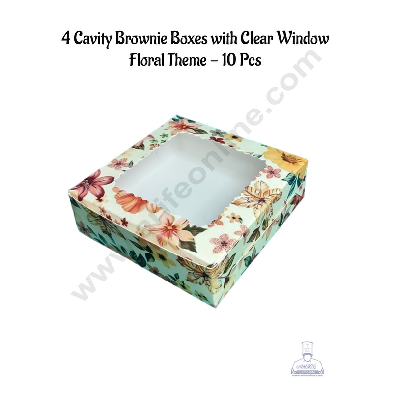 CAKE DECOR 4 Cavity Brownie Boxes with Clear Window Floral Theme | Brownie Carriers - 10 Pcs Pack