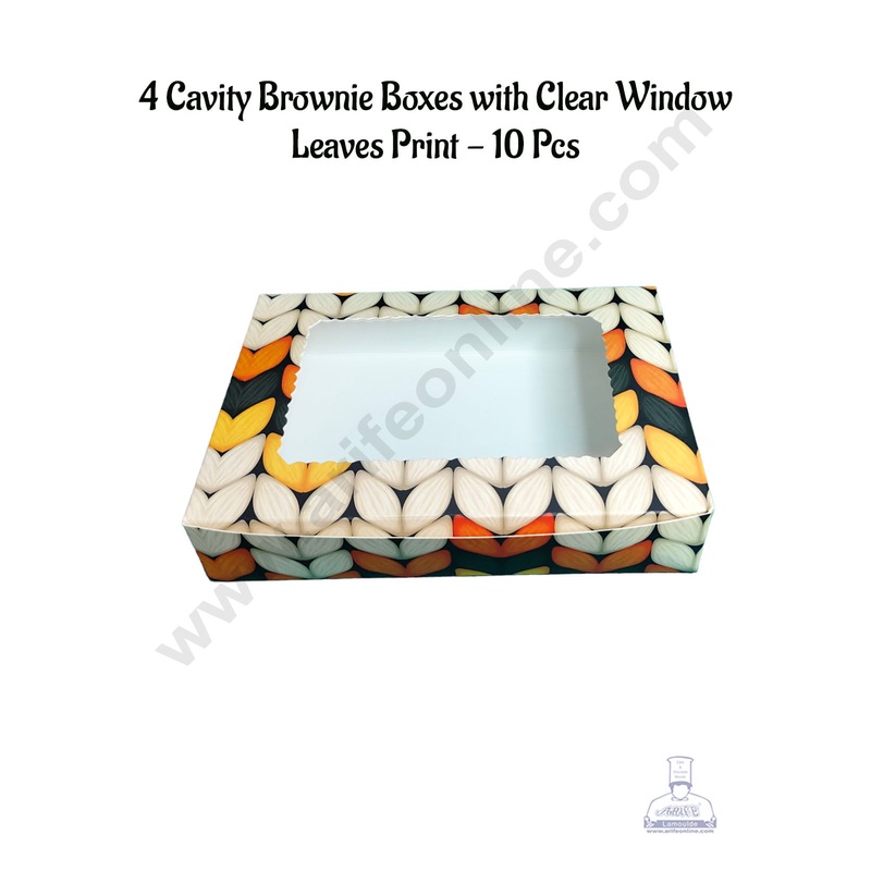 CAKE DECOR 4 Cavity Brownie Boxes with Clear Window Leaves Print| Brownie Carriers - 10 Pcs Pack