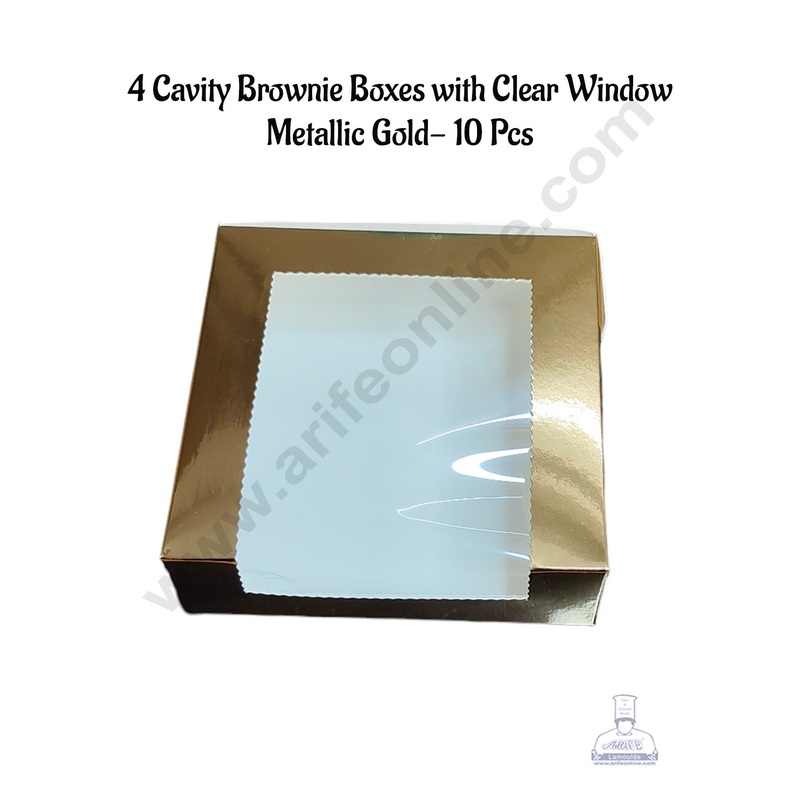 CAKE DECOR 4 Cavity Brownie Boxes with Clear Window Metallic Gold | Brownie Carriers - 10 Pcs Pack