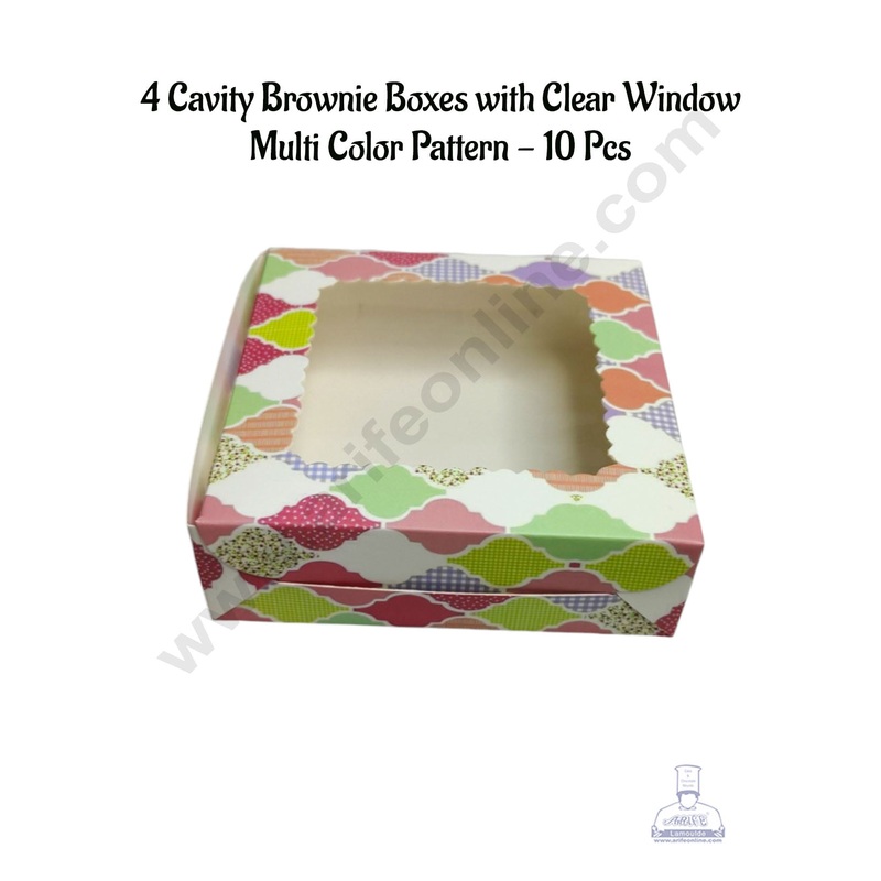 CAKE DECOR 4 Cavity Brownie Boxes with Clear Window Multi Color Pattern | Brownie Carriers - 10 Pcs Pack