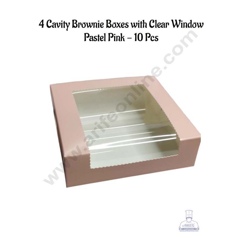 CAKE DECOR 4 Cavity Brownie Boxes with Clear Window Pastel Pink | Brownie Carriers - 10 Pcs Pack