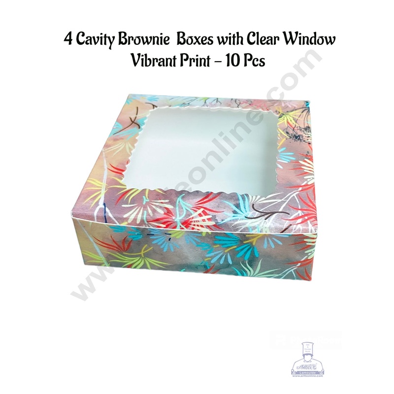 CAKE DECOR 4 Cavity Brownie Boxes with Clear Window Vibrant Print| Brownie Carriers - 10 Pcs Pack