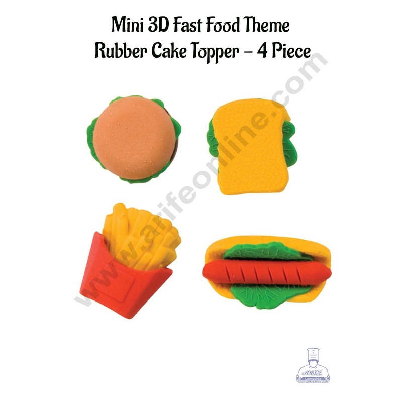 CAKE DECOR 4 Pcs Mini 3D Fast Food Theme Rubber Cake Topper | French Fries | Burger | Sandwich | Hot Dog (SBT-R-018)