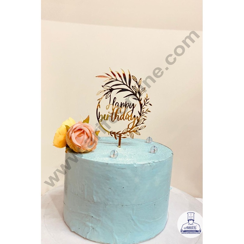 CAKE DECOR 5 inch Acrylic Happy Birthday with Leaf Cutout in Round Frame Cake Topper And Dessert Decoration (SBMT-1207)