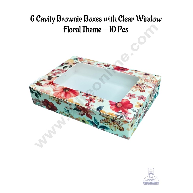 CAKE DECOR 6 Cavity Brownie Boxes with Clear Window Floral Theme | Brownie Carriers - 10 Pcs Pack