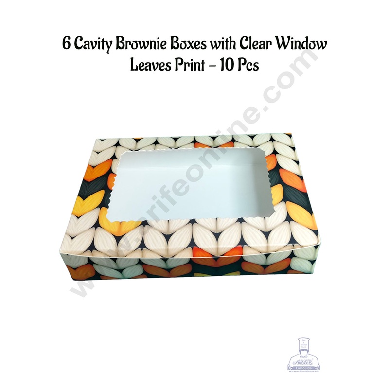CAKE DECOR 6 Cavity Brownie Boxes with Clear Window Leaves Print | Brownie Carriers - 10 Pcs Pack