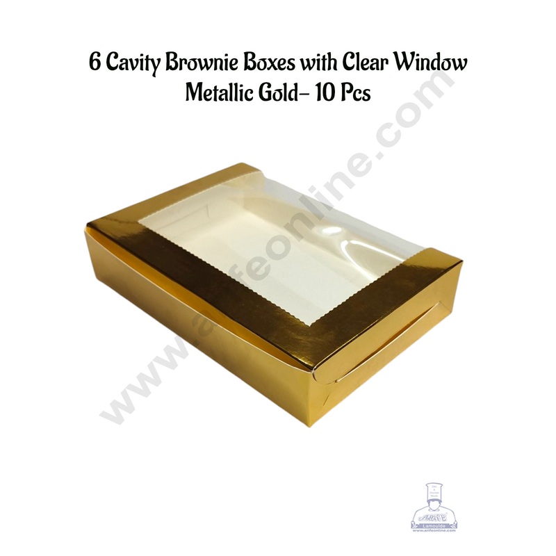 CAKE DECOR 6 Cavity Brownie Boxes with Clear Window Metallic Gold | Brownie Carriers - 10 Pcs Pack