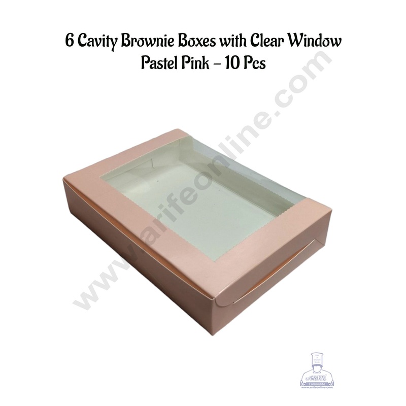 CAKE DECOR 6 Cavity Brownie Boxes with Clear Window Pastel Pink | Brownie Carriers - 10 Pcs Pack