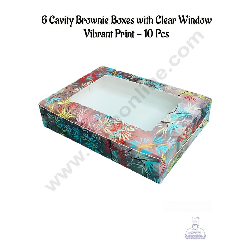 CAKE DECOR 6 Cavity Brownie Boxes with Clear Window Vibrant Print | Brownie Carriers - 10 Pcs Pack
