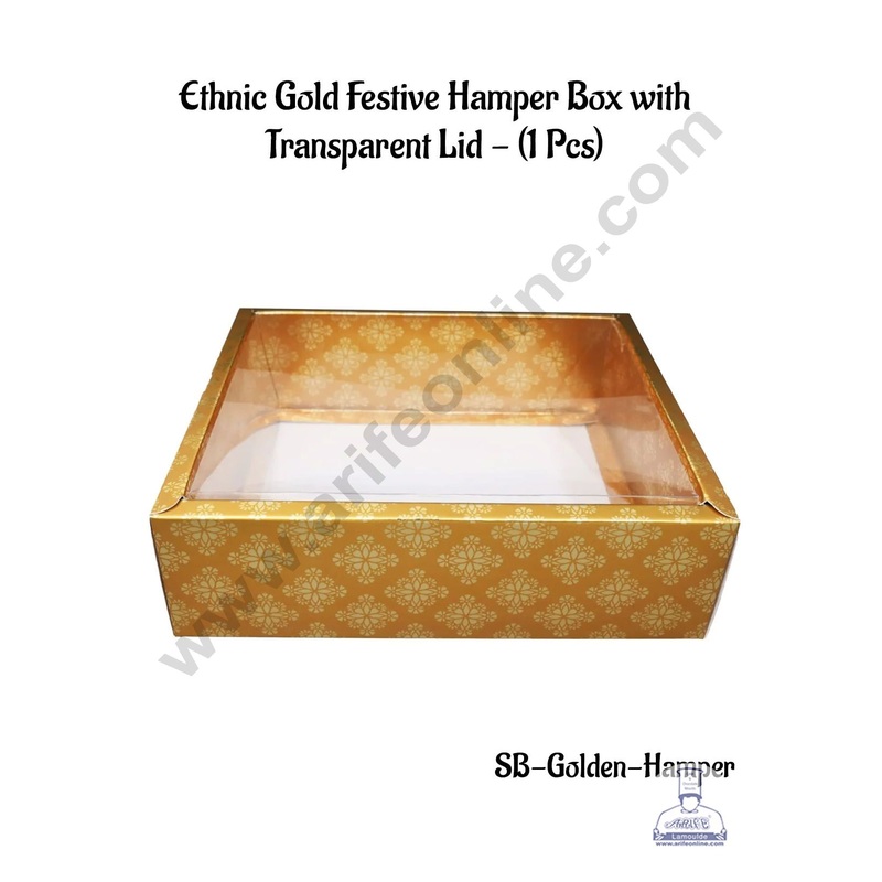 CAKE DECOR Ethnic Gold Festive Hamper Box with Transparent Lid | Gift Box | Present Box - (1 Pcs)