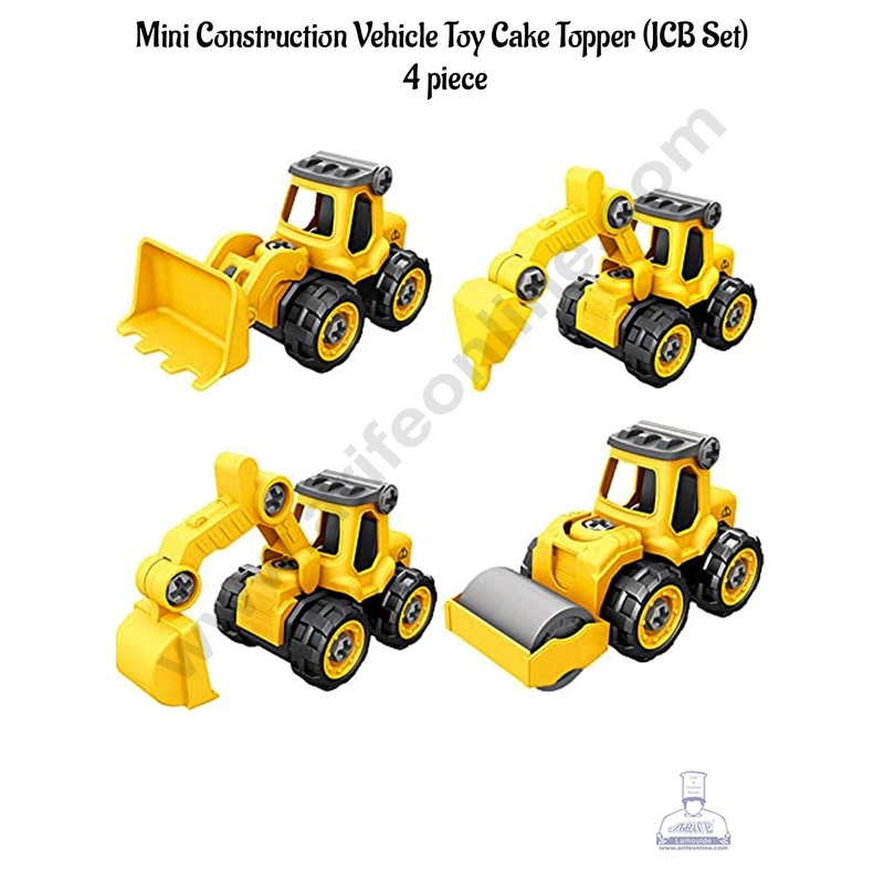CAKE DECOR Mini Construction Vehicle Toy Cake Topper (JCB Set) - 4 Pcs