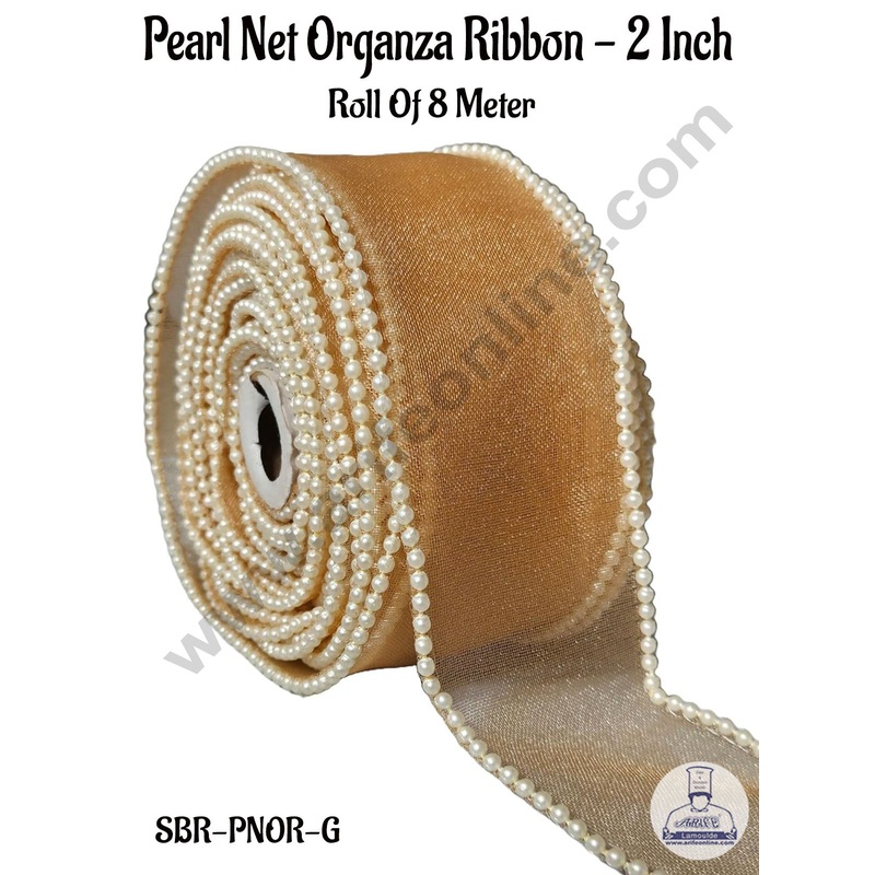 CAKE DECOR Pearl Net Organza Golden Ribbon -2 Inch (8 Meter) | Sheer Ribbon | Gift Wrapping | Decoration