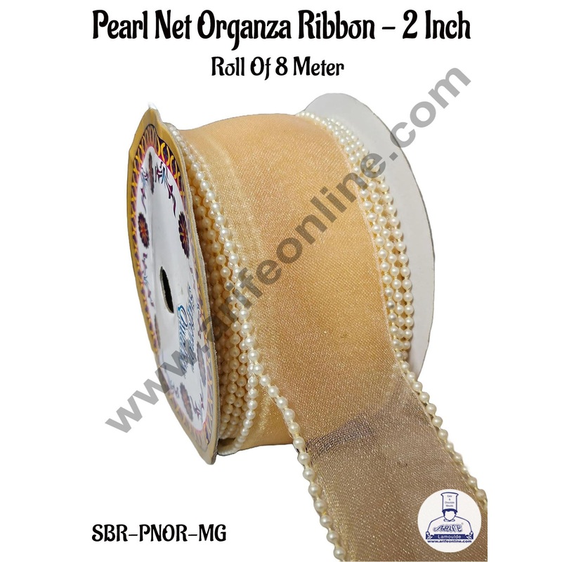 CAKE DECOR Pearl Net Organza Mango Gold Ribbon -2 Inch (8 Meter) | Sheer Ribbon | Gift Wrapping | Decoration