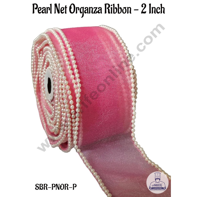 CAKE DECOR Pearl Net Organza Pink Ribbon -2 Inch (8 Meter) | Sheer Ribbon | Gift Wrapping | Decoration