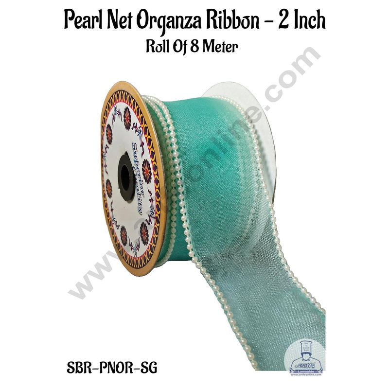 CAKE DECOR Pearl Net Organza Sea Green Ribbon -2 Inch (8 Meter) | Sheer Ribbon | Gift Wrapping | Decoration