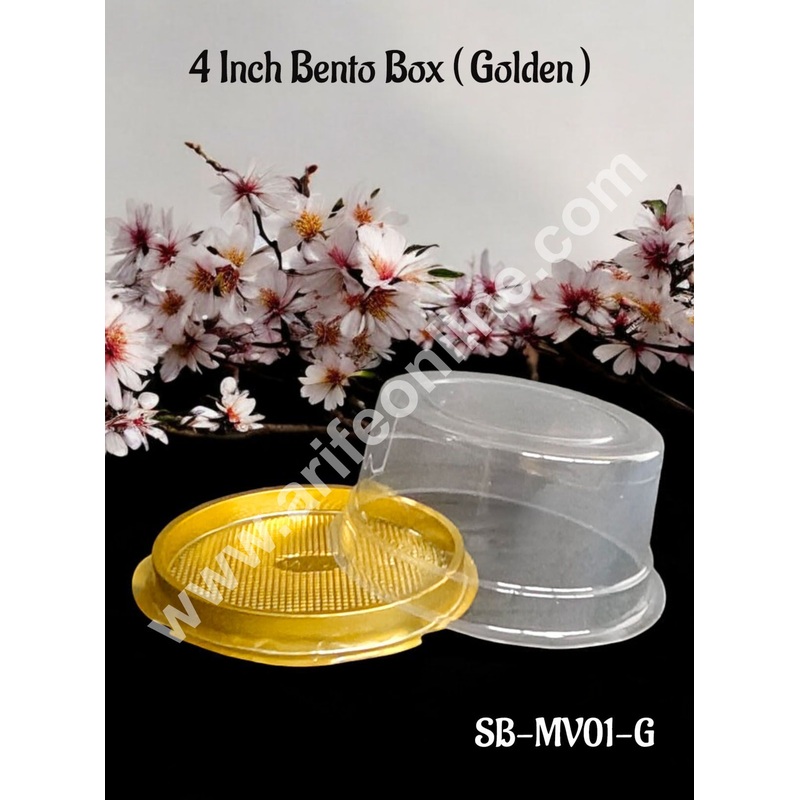 CAKE DECOR  PVC Round Bento Box With Golden Base Cake Box | Dessert Packaging - 4 inch (1 Pcs Pack)