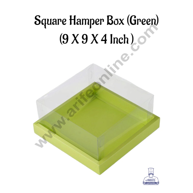 CAKE DECOR Square Hamper Box In Green Colour With Transparent Lid | Gift Box | Present Box - (1 Pcs)