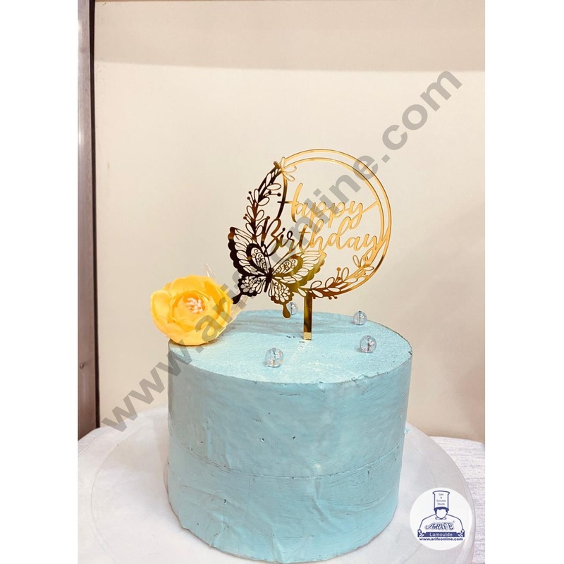 CAKE DECOR5 inch Acrylic Happy Birthday with Butterfly and Leaf Cutout in Round Frame Cake Topper And Dessert Decoration(SBMT-1203)
