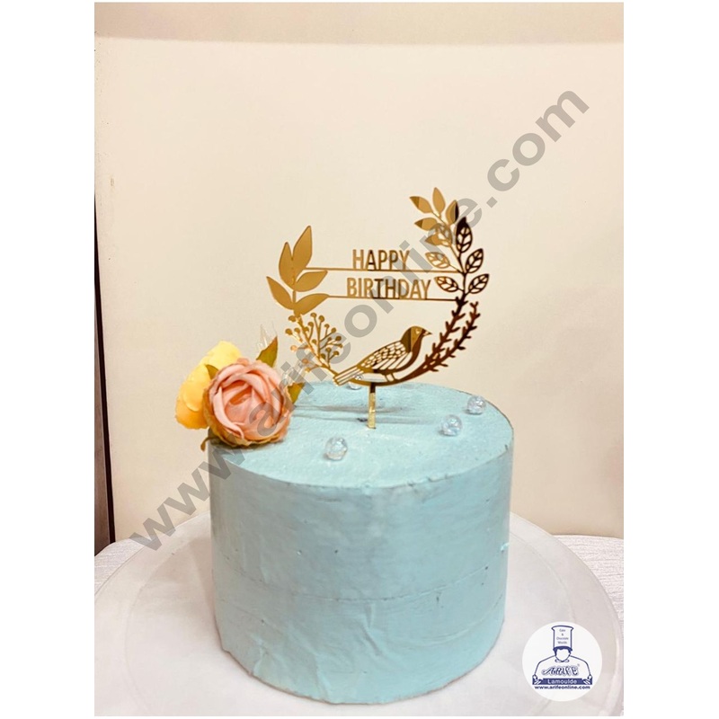 CAKE DECOR5 inch Acrylic Happy Birthday with Sparrow and Leaf Cutout Cake Topper And Dessert Decoration (SBMT-1204)