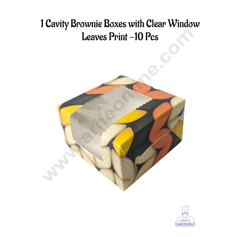 CAKE DECOR 1 Cavity Brownie Boxes with Clear Window Leaves Print | Brownie Carriers - 10 Pcs Pack