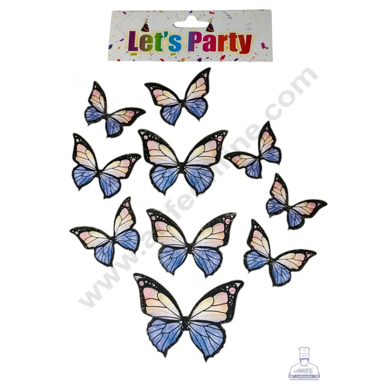 CAKE DECOR 10 Pcs Let's Party Blue & Pink Shade With Black Outlines Glitter Butterfly Paper Topper For Cake And Cupcake