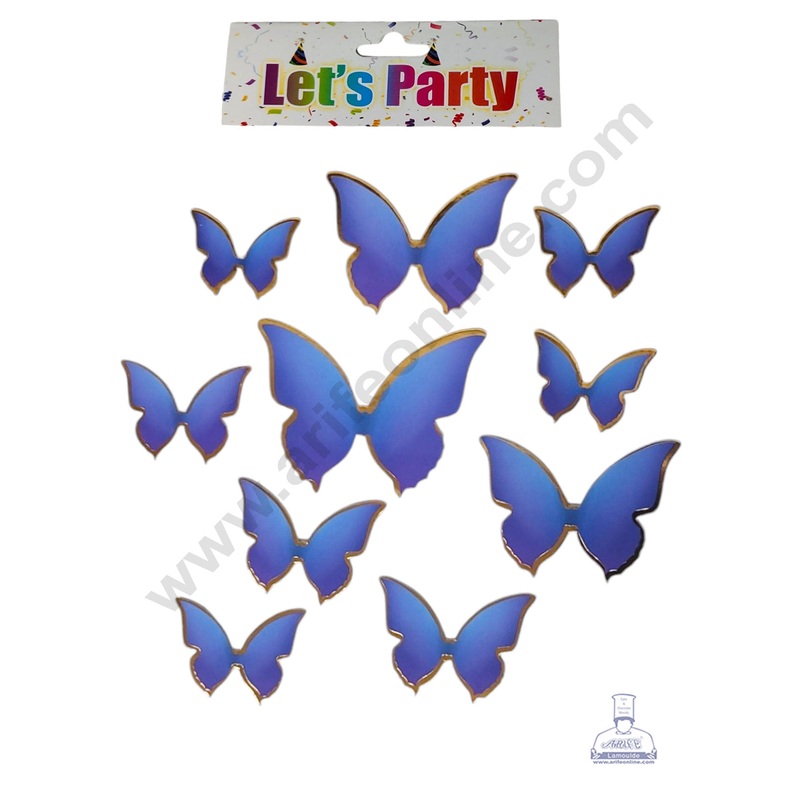 CAKE DECOR 10 Pcs Let's Party Blue & Purple Shade With Golden Outlines Butterfly Paper Topper For Cake And Cupcake