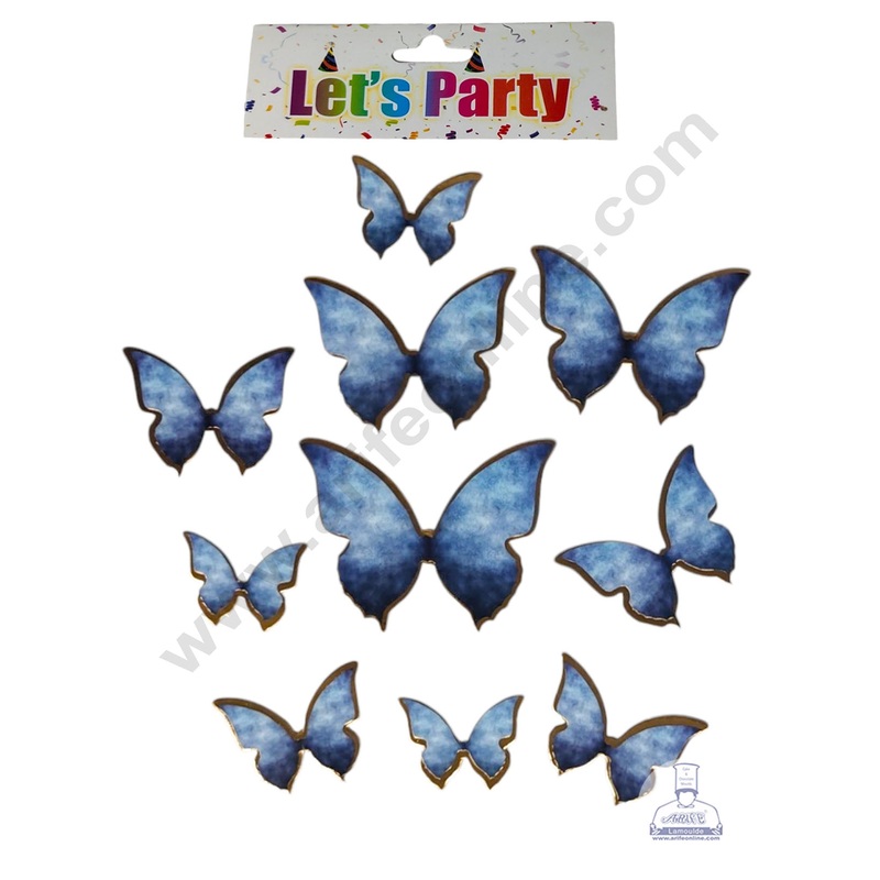 CAKE DECOR 10 Pcs Let's Party Cloudy Blue Shade With Golden Outlines Butterfly Paper Topper For Cake And Cupcake