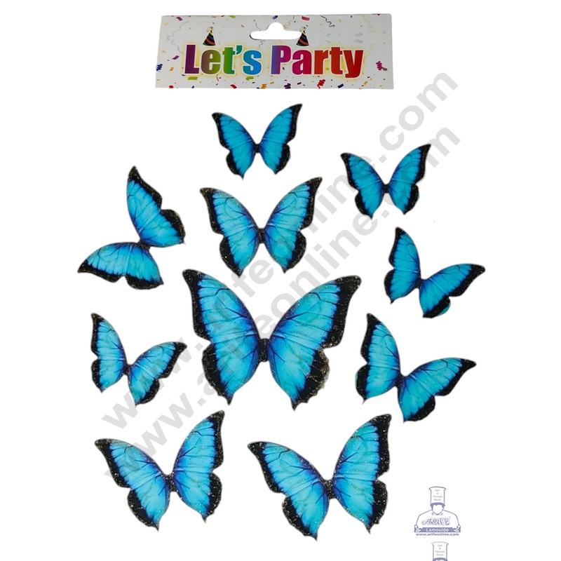 CAKE DECOR 10 Pcs Let's Party Cyan Blue Shade With Black Tips Glitter Butterfly Paper Topper For Cake And Cupcake