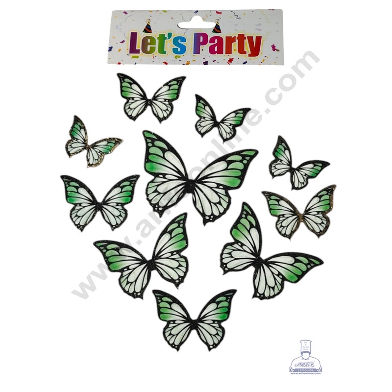 CAKE DECOR 10 Pcs Let's Party Green Shade With Black Outlines Glitter Butterfly Paper Topper For Cake And Cupcake