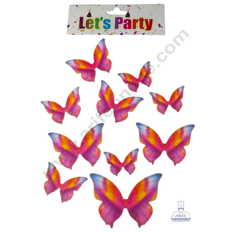 CAKE DECOR 10 Pcs Let's Party Multi Color Shade Glitter Butterfly Paper Topper For Cake And Cupcake