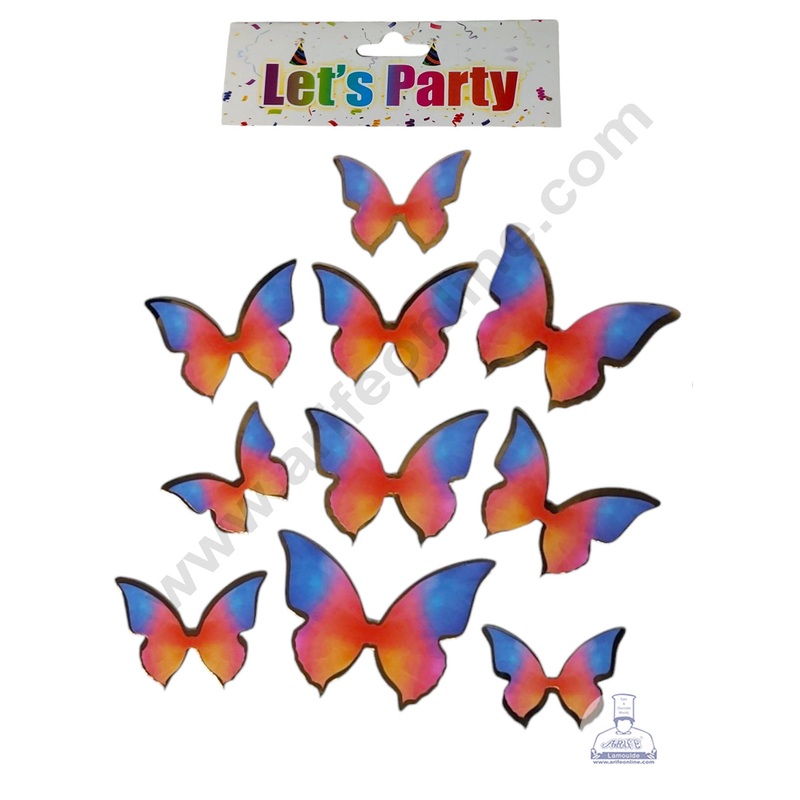 CAKE DECOR 10 Pcs Let's Party Orange Shade & Blue Tips With Golden Outlines Butterfly Paper Topper For Cake And Cupcake