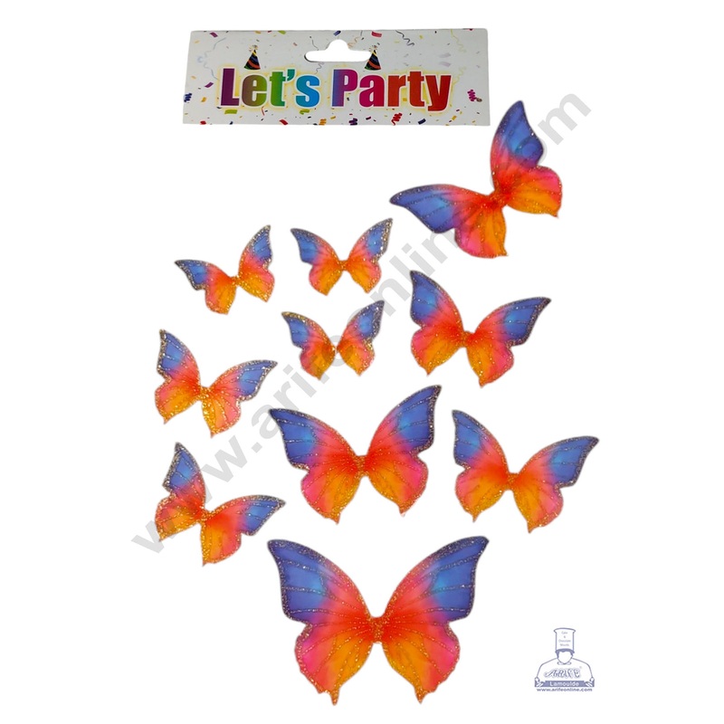 CAKE DECOR 10 Pcs Let's Party Orange Shade With Blue Tips Glitter Butterfly Paper Topper For Cake And Cupcake