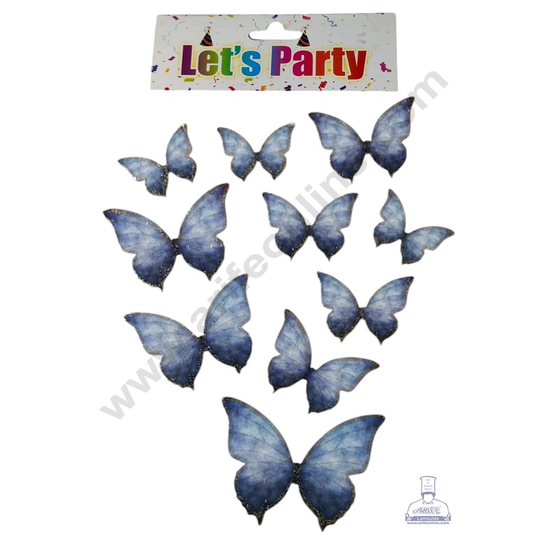 CAKE DECOR 10 Pcs Let's Party Sky Blue & Dark Blue Shade Glitter Butterfly Paper Topper For Cake And Cupcake
